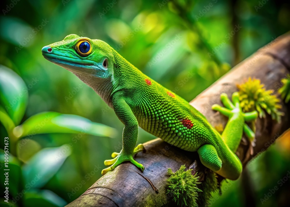 Vibrant Green Gecko Clinging to a Branch in Lush Tropical Environment with Natural Light Effects Vibrant Green Gecko Clinging to a Branch in Lush Tropical Environment with Natural Light Effects