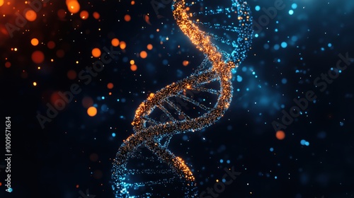 DNA double helix with glowing particles and bokeh effect