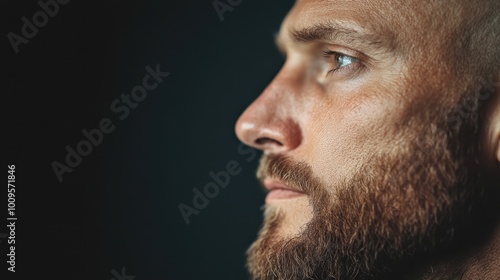 A dark, dramatic close-up profile portrait of a serious man with a focused gaze, highlighting his features and creating an intense atmosphere.