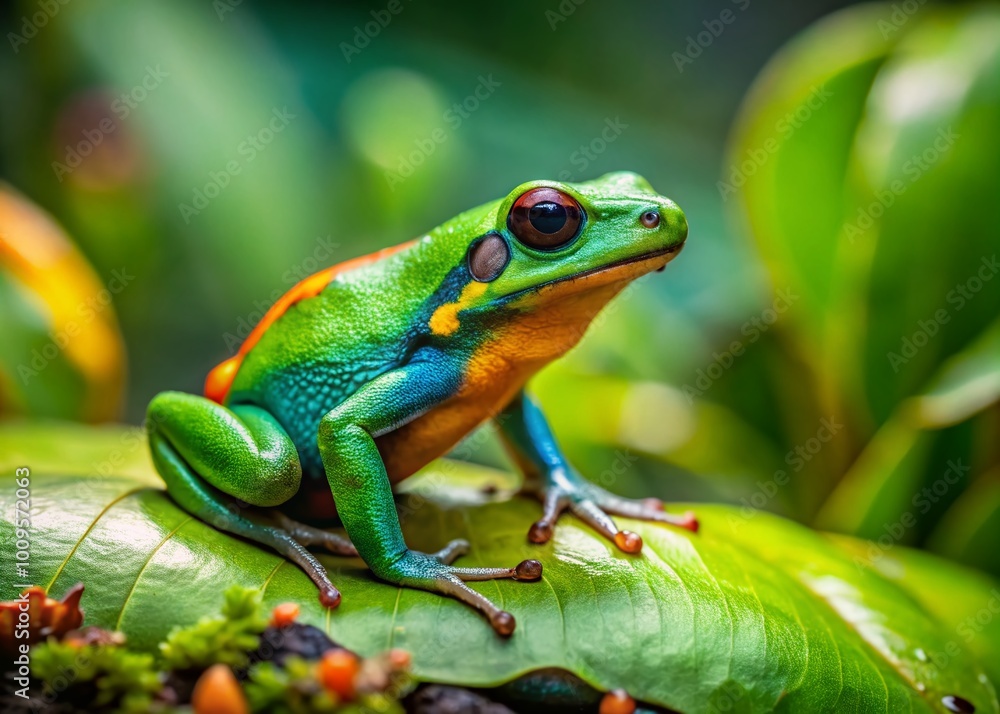 Vibrant Green Mantella Frog Sitting on a Leaf in its Natural Habitat Surrounded by Lush Vegetation Vibrant Green Mantella Frog Sitting on a Leaf in its Natural Habitat Surrounded by Lush Vegetation