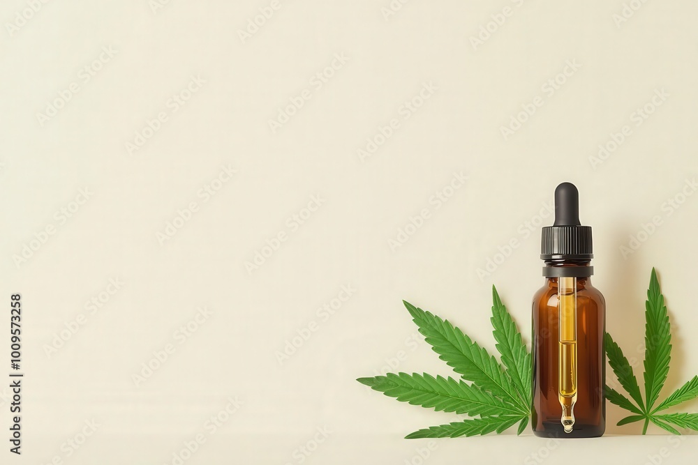 A brown glass dropper bottle with cannabis leaves, ideal for health and wellness product presentations. A brown glass dropper bottle with cannabis leaves, ideal for health and wellness product presentations.