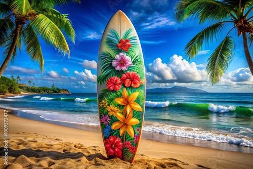 Vibrant Hawaiian Surfboard Clipart Design for Tropical Beach and Surfing Themed Projects and Artwork photo