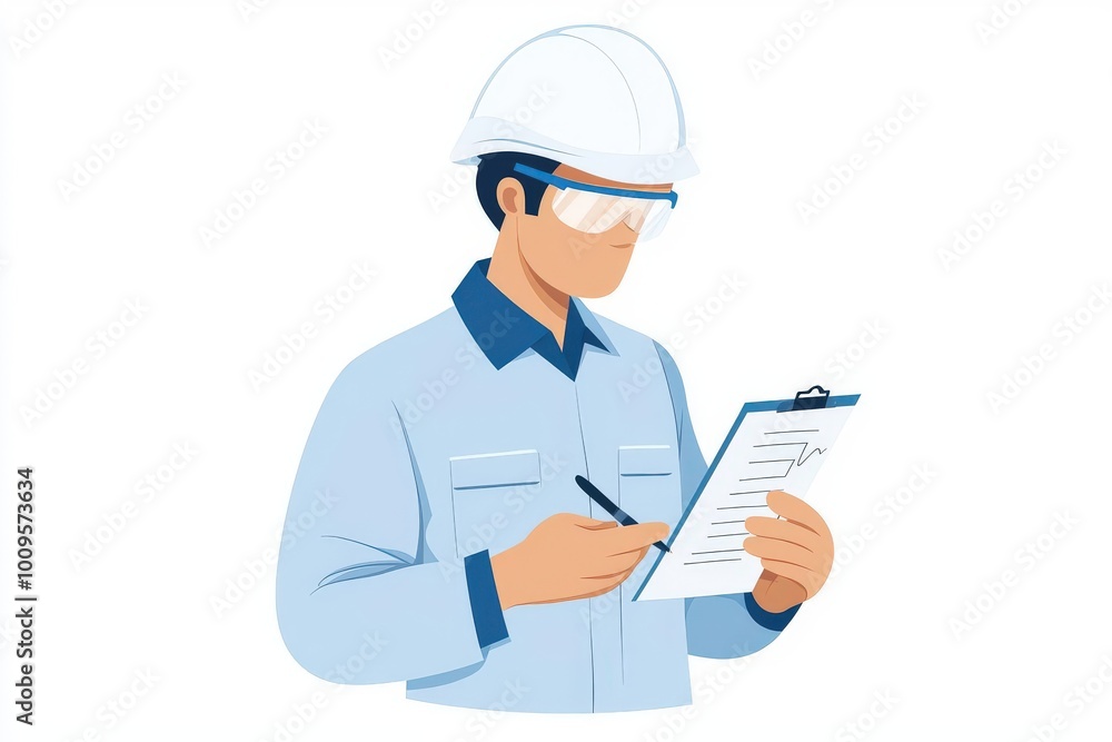 A construction worker inspects a site while holding a clipboard and wearing safety gear, emphasizing safety and professionalism. A construction worker inspects a site while holding a clipboard and wearing safety gear, emphasizing safety and professionalism.