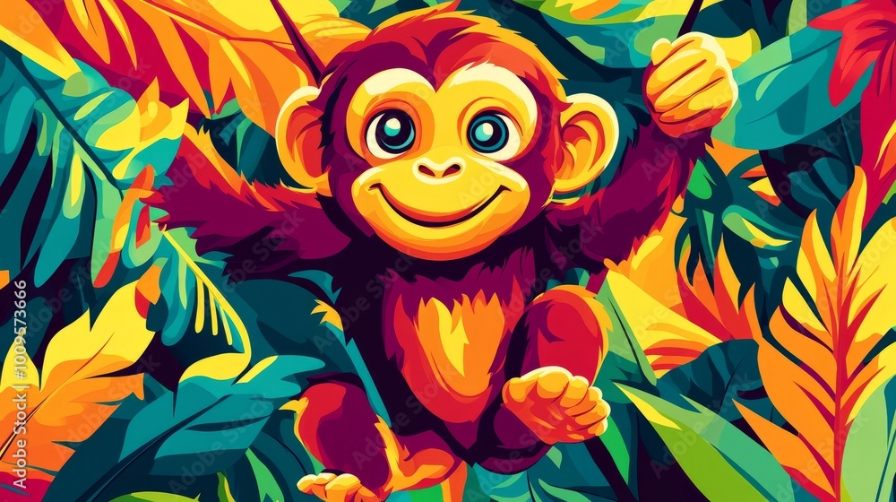 Cute Monkey Swinging in Tropical Jungle - Vibrant Colorful Illustration Cute Monkey Swinging in Tropical Jungle - Vibrant Colorful Illustration