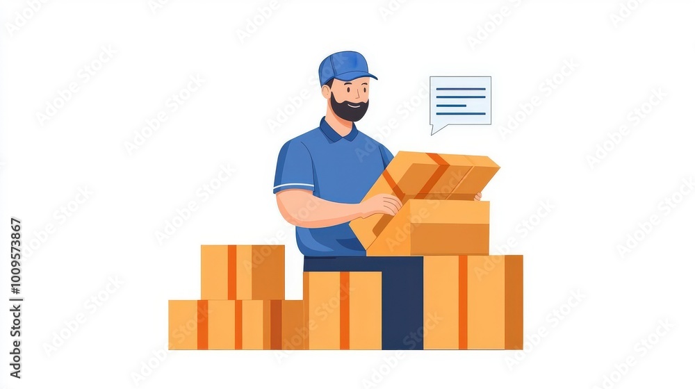 A delivery worker organizes packages in a warehouse, showcasing efficiency and teamwork in logistics and shipment handling. A delivery worker organizes packages in a warehouse, showcasing efficiency and teamwork in logistics and shipment handling.