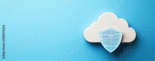 A modern illustration of cloud security featuring a shield overlay on a cloud, symbolizing digital protection and data security. photo