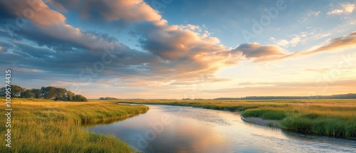  A river runs through a lush, green field Nearby, another expanse of lush, green grass covers the ground The scene is set under a cloudy, blue sky