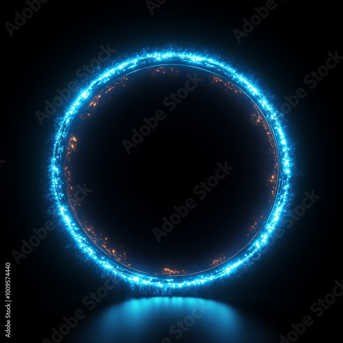 A blue neon circle on a black background
