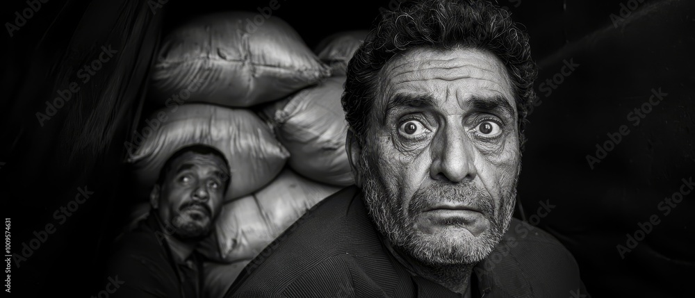A surprise-stricken man in black and white, before a mound of bags A surprise-stricken man in black and white, before a mound of bags