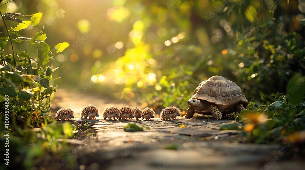 A group of small animals walk down a road alongside a tortoise on the side A group of small animals walk down a road alongside a tortoise on the side