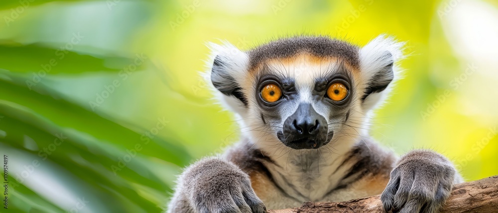 A tight shot of a Lemur on a tree branch surrounded by leaves, with a yellow-eyed animal in the foreground A tight shot of a Lemur on a tree branch surrounded by leaves, with a yellow-eyed animal in the foreground