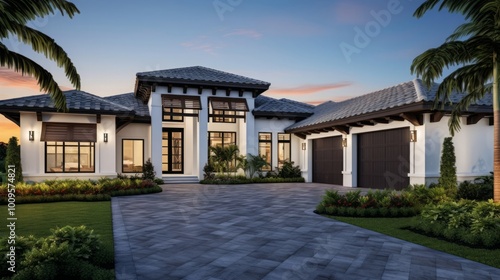 New home construction model home exterior front yard