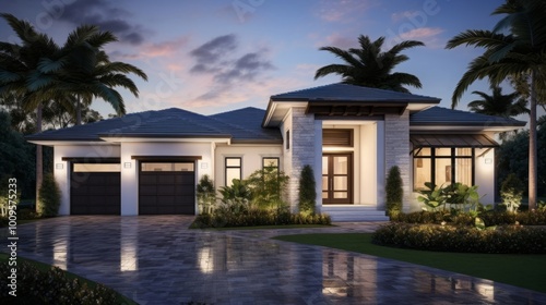 New home construction model home exterior front yard