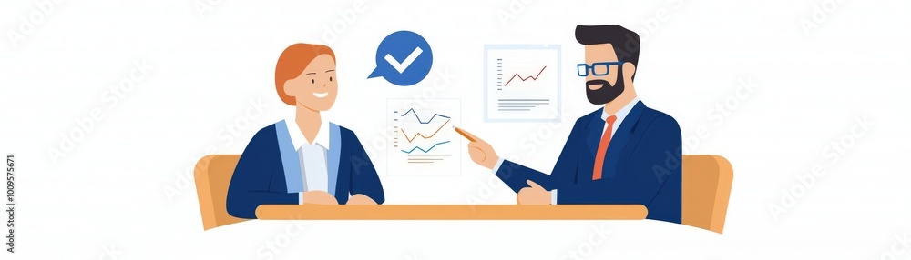 Fototapeta premium Business meeting illustration showing two professionals discussing graphs and strategies in a modern office setting.