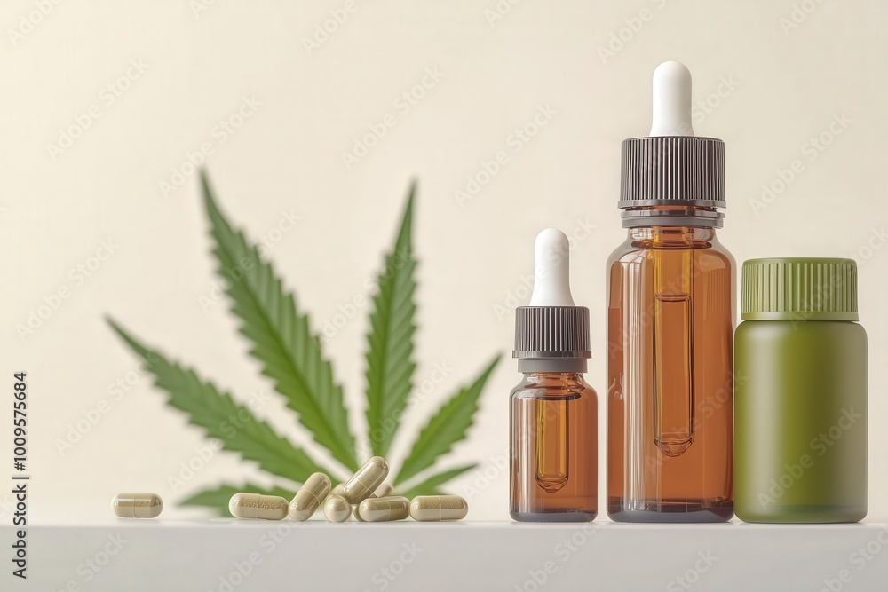 Bottles of herbal extract with cannabis leaves and capsules, showcasing natural wellness and holistic health. Bottles of herbal extract with cannabis leaves and capsules, showcasing natural wellness and holistic health.