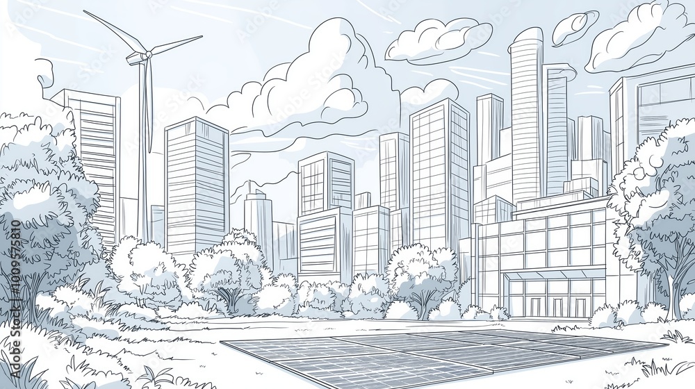 Fototapeta premium A sketched futuristic cityscape featuring wind turbines and clean energy solutions, showcasing urban planning and environmental sustainability in a modern context, Generative AI