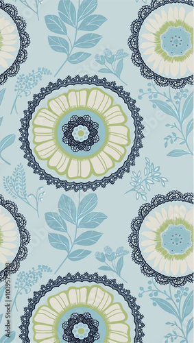  floral pattern with black lace edging on a light blue background.