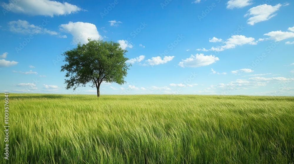 Obraz premium A solitary tree stands amidst a vast green field under a bright blue sky with clouds.