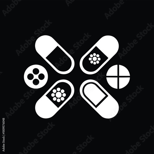 Pharmaceutical and Medicine Vector Illustration Featuring Various Pill Capsules and Tablets with Unique Patterns