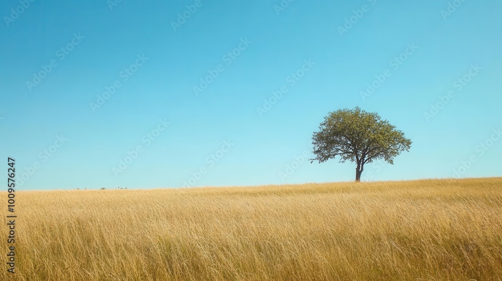 A solitary tree stands in a vast golden field under a clear blue sky. A solitary tree stands in a vast golden field under a clear blue sky.