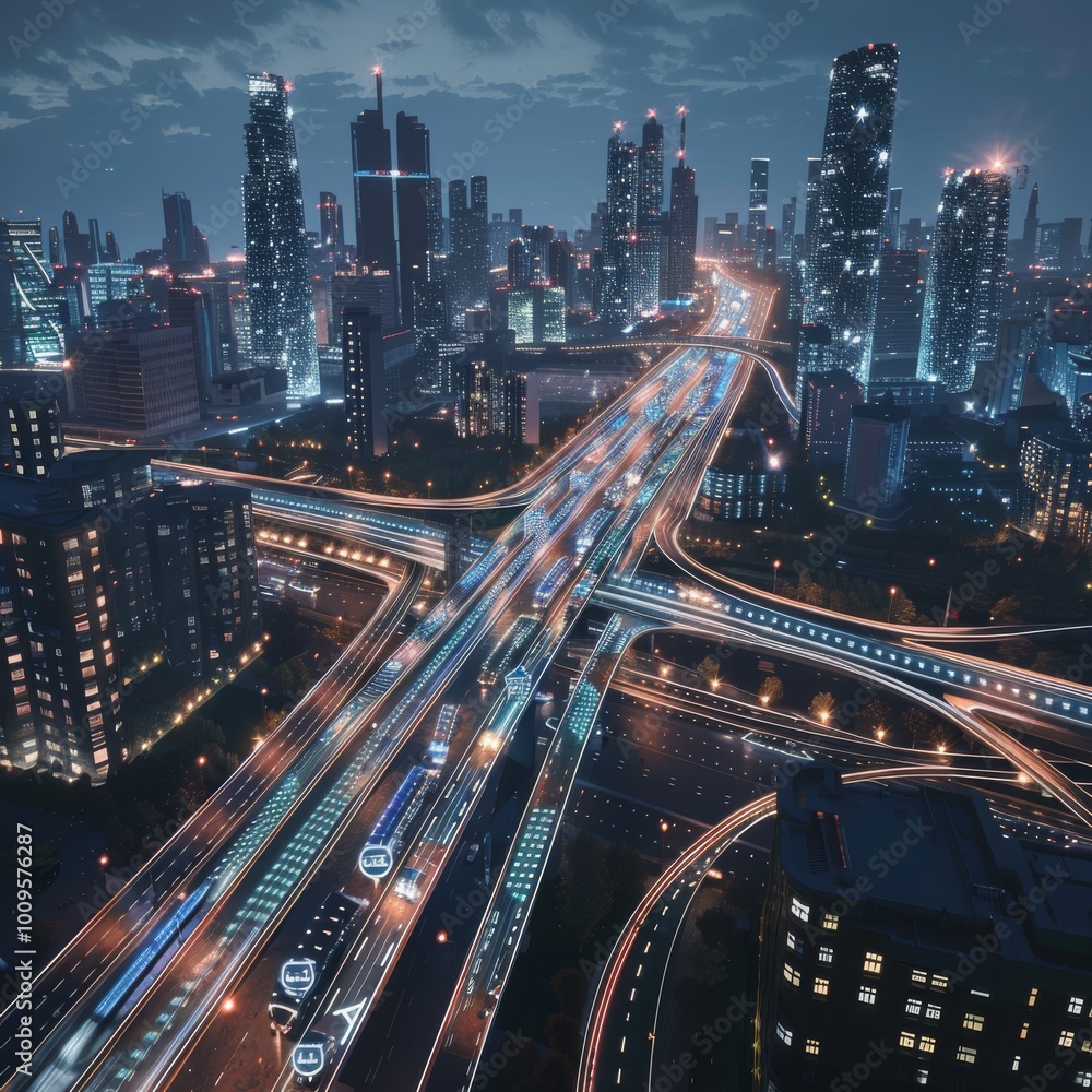 Fototapeta premium 3D depiction of a digital city with AI-driven infrastructure 
