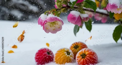 Wallpaper Mural A snowy landscape with bountiful blooms of nature, their petals softly falling amidst a backdrop of pure whiteness, contrasting against the vivid hues Torontodigital.ca