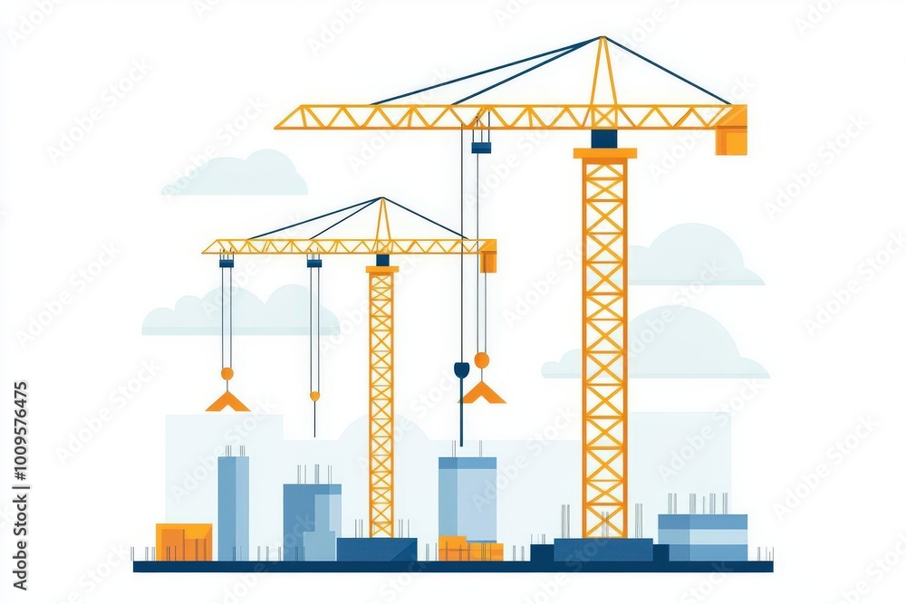 Illustration of construction cranes in an urban setting, symbolizing industrial growth and development. Illustration of construction cranes in an urban setting, symbolizing industrial growth and development.