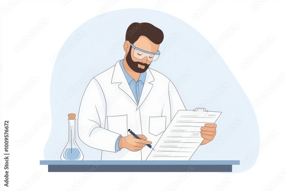 Scientist in lab coat analyzing research data with clipboard and flask on table, showcasing dedication to scientific exploration. Scientist in lab coat analyzing research data with clipboard and flask on table, showcasing dedication to scientific exploration.