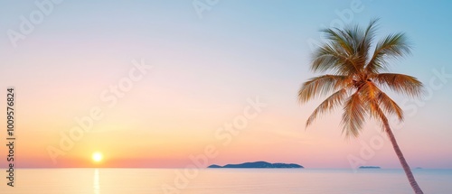  A palm tree in foreground, sun setting behind, small island distanced