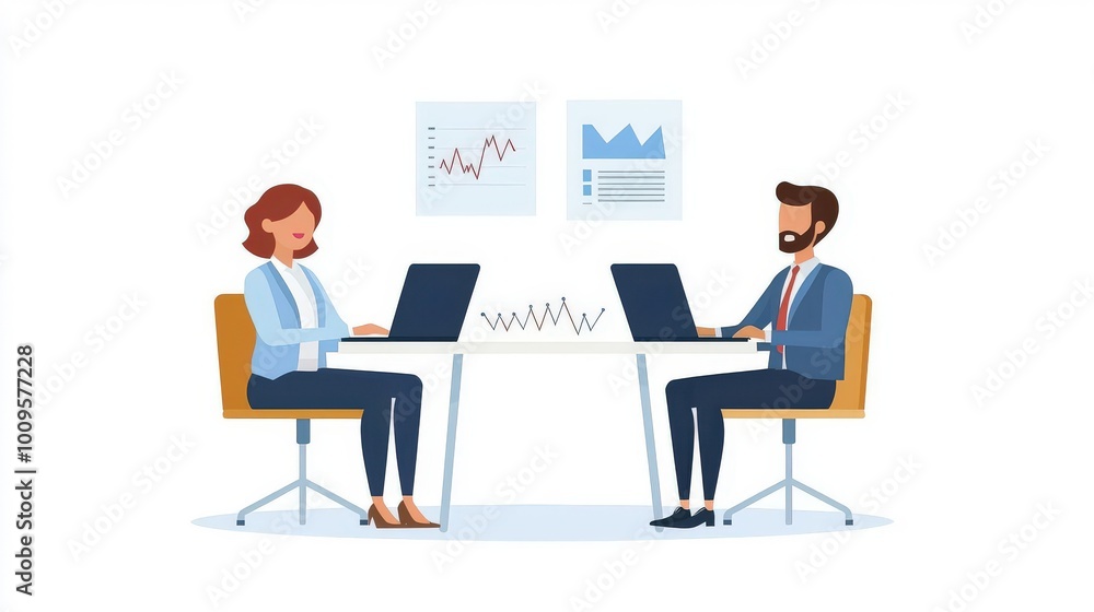 Two professionals collaborate on a project with laptops, analyzing data and discussing charts in a modern office setting. Two professionals collaborate on a project with laptops, analyzing data and discussing charts in a modern office setting.