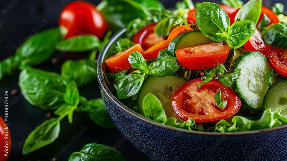 Fresh Tomato and Cucumber Salad with Basil Leaves Fresh Tomato and Cucumber Salad with Basil Leaves
