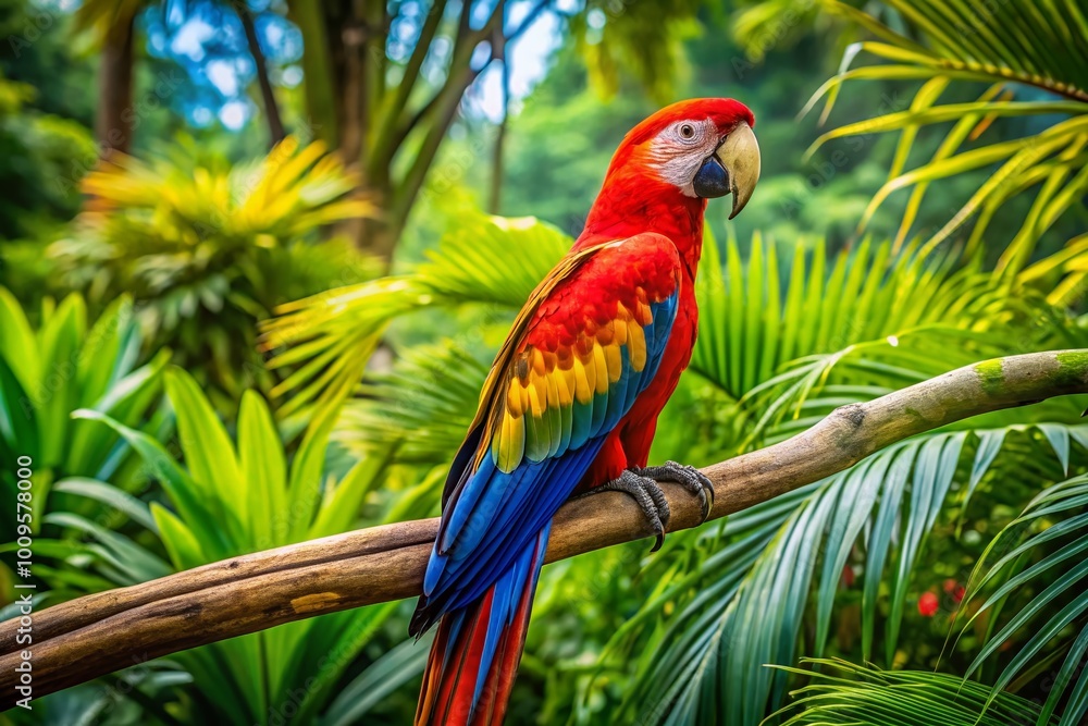 Vibrant Macaw Perched on a Branch Surrounded by Lush Greenery in a Tropical Paradise Environment Vibrant Macaw Perched on a Branch Surrounded by Lush Greenery in a Tropical Paradise Environment