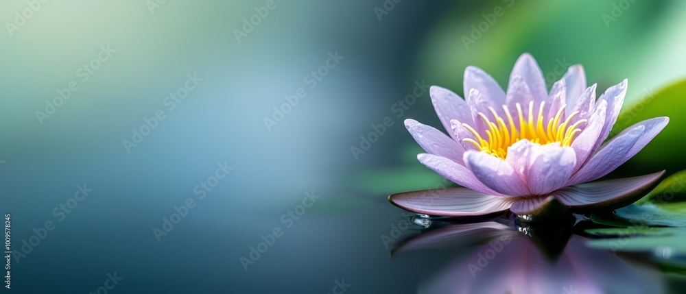 A pink water lily atop a verdant leafy plant, dotted with water droplets A pink water lily atop a verdant leafy plant, dotted with water droplets