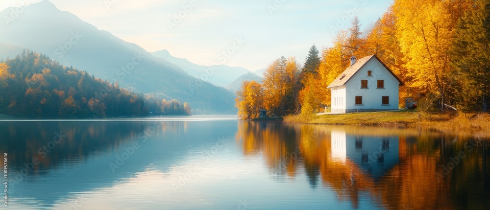 A white house atop a lake borders a forest teeming with yellow and red trees A white house atop a lake borders a forest teeming with yellow and red trees