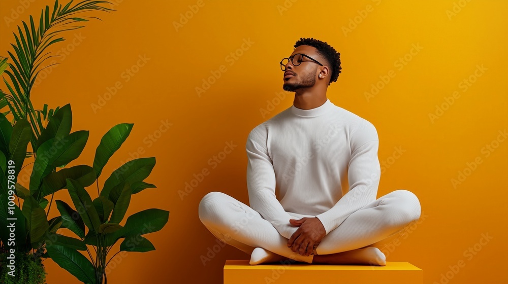 Man in White Outfit Sitting in Meditation Pose Against Yellow Background Man in White Outfit Sitting in Meditation Pose Against Yellow Background