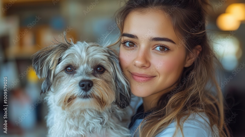 Joyful Moments: A Heartwarming Portrait of a Smiling Woman and Her Adorable Yorkshire Terrier Companion Joyful Moments: A Heartwarming Portrait of a Smiling Woman and Her Adorable Yorkshire Terrier Companion
