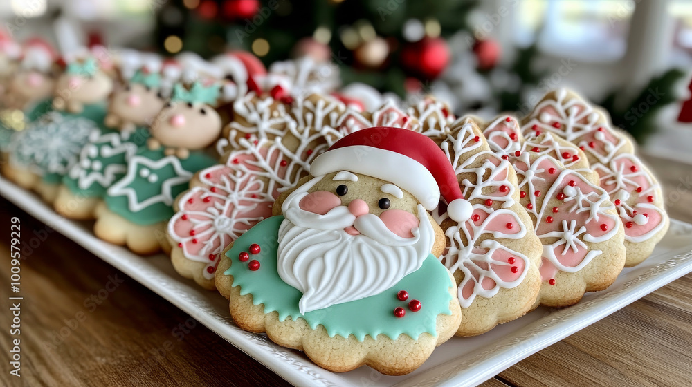 Festive Santa Claus Cookies: A festive display of beautifully decorated Christmas cookies, featuring a charming Santa Claus cookie in the foreground, surrounded by other holiday-themed treats.