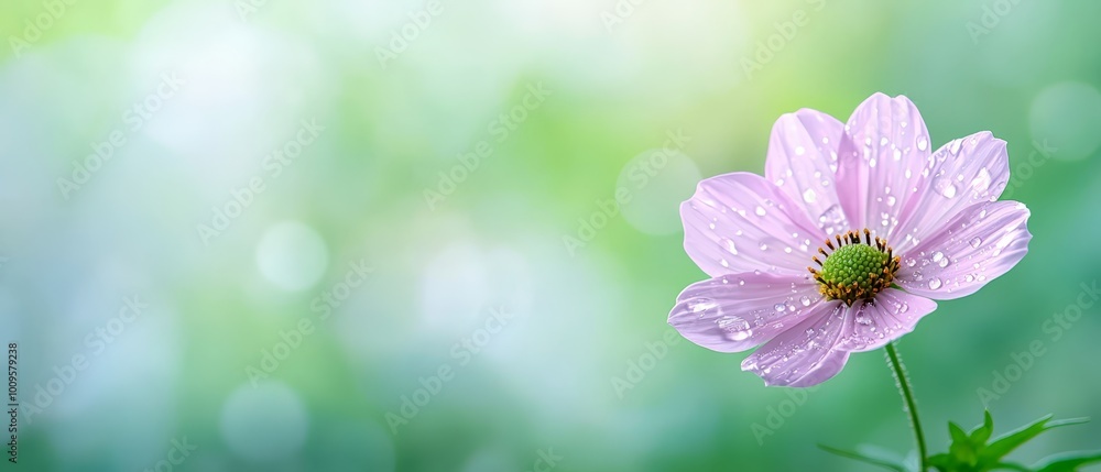 A tight shot of a pink bloom dotted with water beads on its petals against a hazy, green backdrop A tight shot of a pink bloom dotted with water beads on its petals against a hazy, green backdrop
