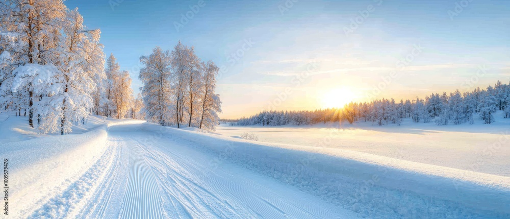 Fototapeta premium A snow-covered road flanked by trees; sun shines through their branches beyond
