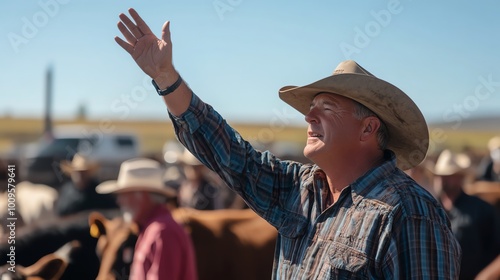 A farmer raises his hand in a crowd at a livestock auction on a sunny day, surrounded by people and cattle.