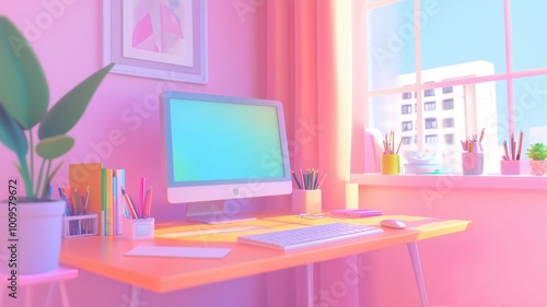 A computer desk with a pink wall and a window