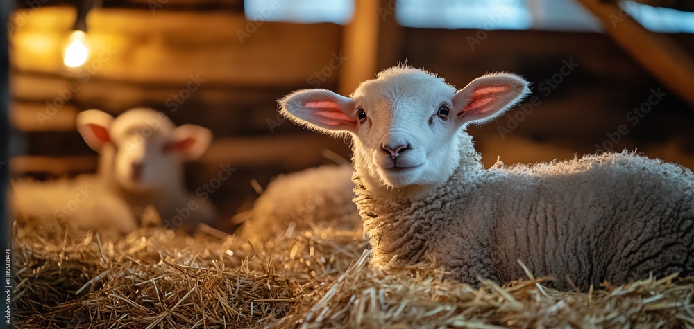 Adorable lambs resting on straw bedding in a cozy barn, under warm lighting, evoking a serene and comforting rural atmosphere. Adorable lambs resting on straw bedding in a cozy barn, under warm lighting, evoking a serene and comforting rural atmosphere.