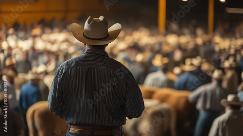A cowboy in a hat stands in a crowded livestock auction, observing the bustling events and activities in the arena.