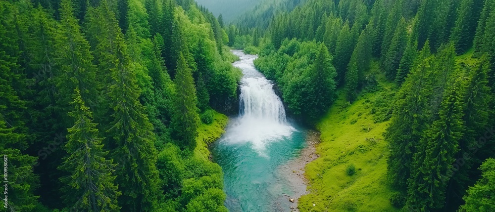 A river runs through a forest with a waterfall in its midst A river runs through a forest with a waterfall in its midst