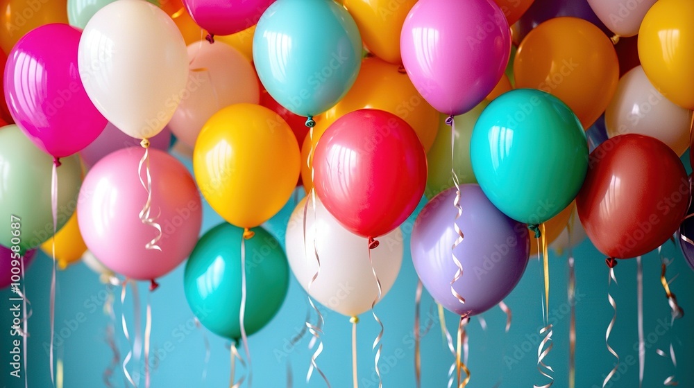 A room with blue walls and a colorful array of balloons hung from the ceiling by streamers A room with blue walls and a colorful array of balloons hung from the ceiling by streamers