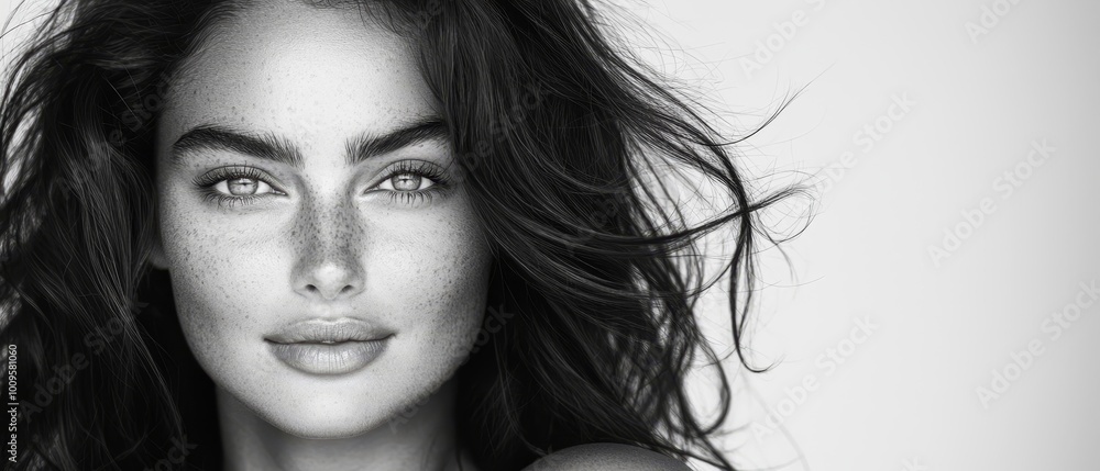 A monochrome image of a woman's face with sun-kissed freckles; her hair dancing in the wind A monochrome image of a woman's face with sun-kissed freckles; her hair dancing in the wind