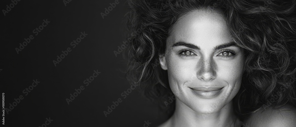 Fototapeta premium A monochrome image of a woman smiling, with wind-tossed hair