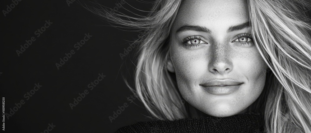 A monochrome image of a woman's face with wind-swept hair against a backdrop of solid black A monochrome image of a woman's face with wind-swept hair against a backdrop of solid black