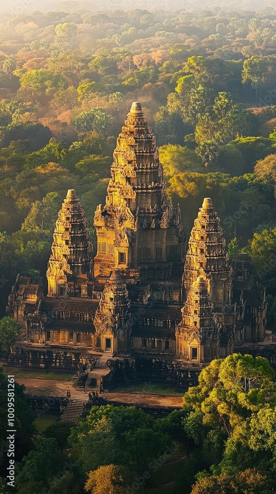 Obraz premium Angkor Wat Temple in Siem Reap, Cambodia, bathed in the warm glow of sunrise