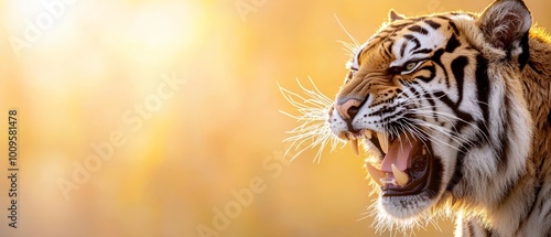  A close-up of a tiger's face with its mouth agape